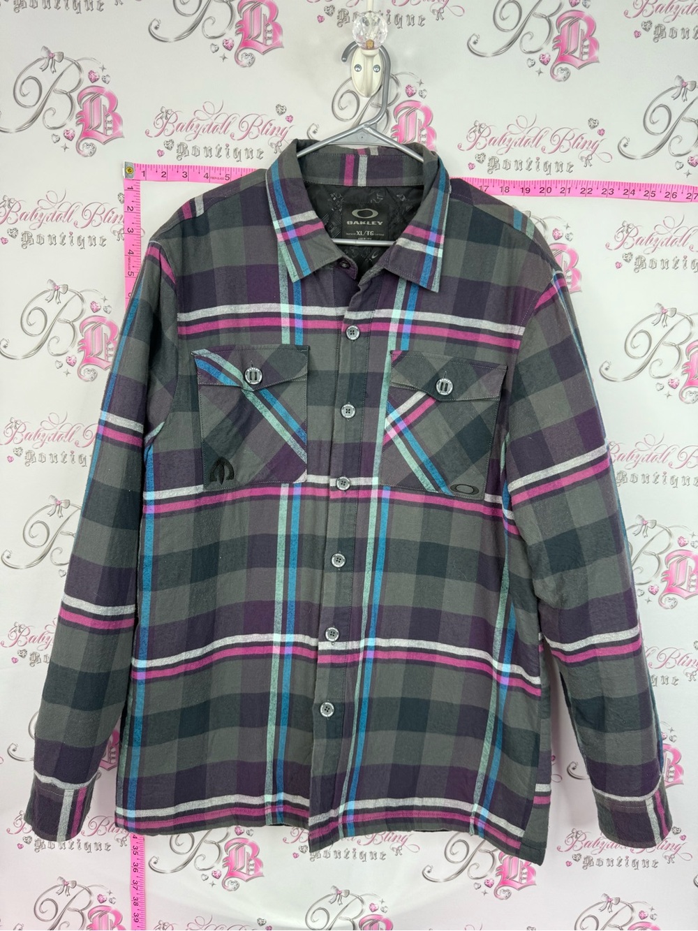 Oakley jacket grey Plaid Button-Down Shirt with Pink & Blue Stripes